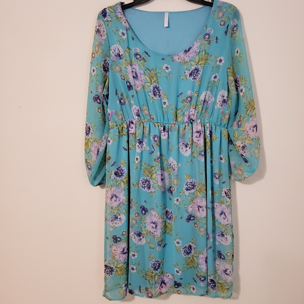 PNK BLUSH TEAL FLORAL CHIFFON 3/4 LENGHT SLEEVE SCOOP NECK SIZE XL - Picture 1 of 7